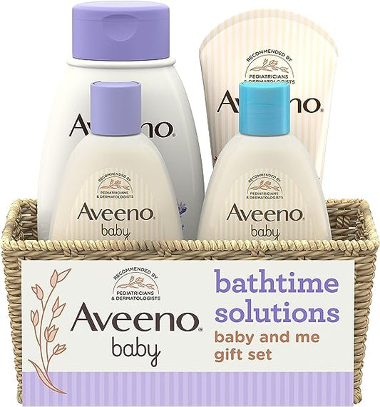 Aveeno Baby Bathtime Solutions Baby & Me Gift Set with Baby Wash & Shampoo, Calming Baby Bath & Wash, Baby Daily Moisturizing Lotion & Stress Relief Body Wash for Mom, Soap-Free, 4 items