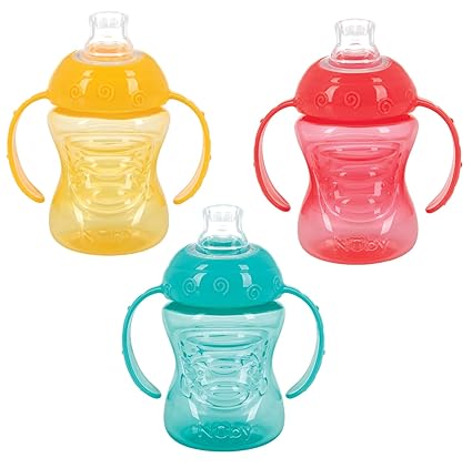 Nuby 3 Pack Two Handle No Spill Toddler Sippy Cups - Toddler Cups Spill Proof with Easy and Firm Grip - BPA Free Toddlers Cups - Aqua, Yellow, Coral